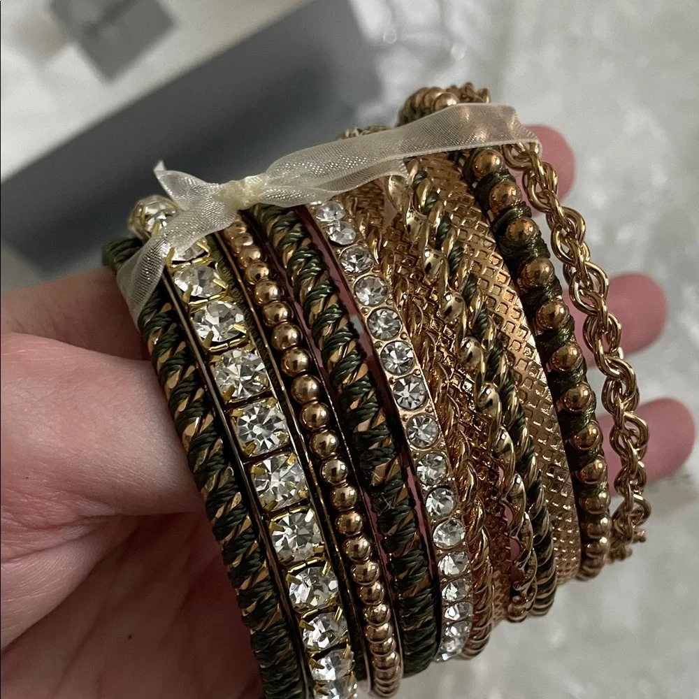 NWT Neiman Marcus 13 bangle bracelet set gold crystal olive green